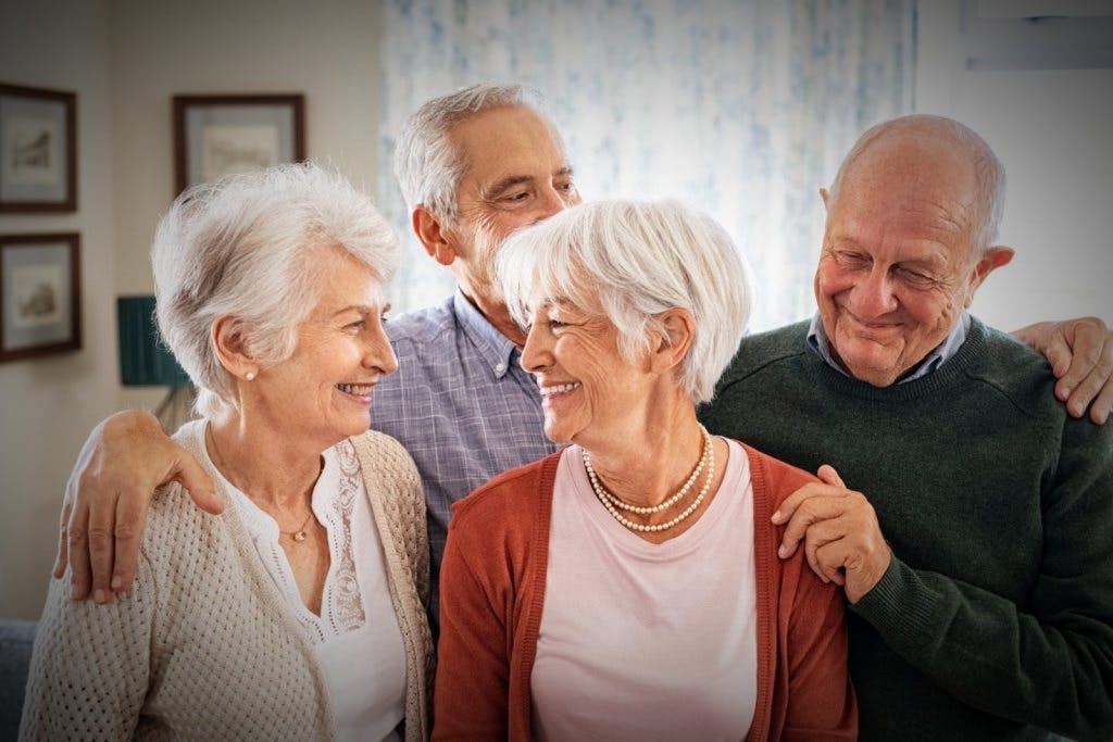 Personas de edad mayor sonriendo en conjunto una cerca de la otra en una residencia para ancianos.